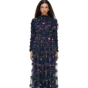 Long Sleeve Navy Floral Fringe Maxi Dress